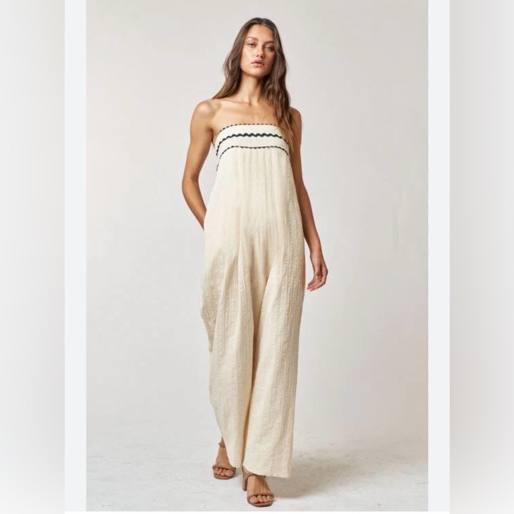 Lalavon Sz Large Cream Black Trim Strapless Boho Wide Leg Strapless Jumpsuit